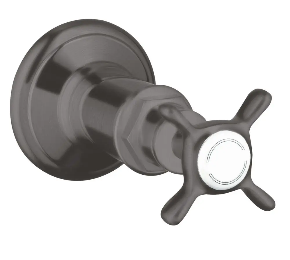 Absperrventil mit Kreuzgriff in gebürstetem Schwarzchrom, hergestellt von AXOR. Das Design ermöglicht eine einfache Steuerung des Wasserdurchflusses.